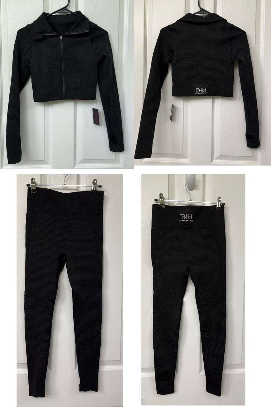 Hot Miami styles 2 piece black zip top athletic outfit medium NEW ($89 retail)